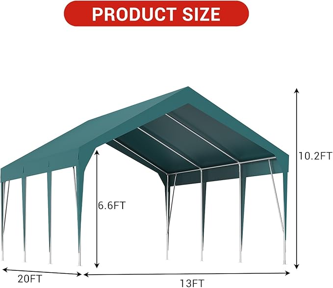 Heavy Duty Carport 13 x 20 ft Portable Garage Car Canopy Waterproof UV Resistant, Outdoor Storage Shed for Car, Motorcycle, Bike, Garden Tools (Green)