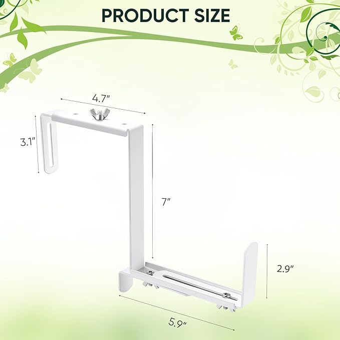 VIVIKEN Planter Box Brackets, Adjustable Flower Box Brackets for Deck Railing, 2 Pack No Drill Window Box Bracket for Outdoor Planters-White