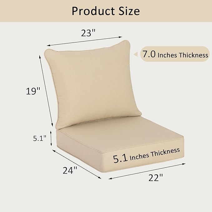 COZYVIDA Outdoor Deep Seat Cushion Set of 2, 22"x24" Seat & 23"x19" Back, C0 Water-Resistant Breathable Fabric, UV-Resistant 1000+ Hrs, 30D Foam with Recycled Fiber Fill,Beige