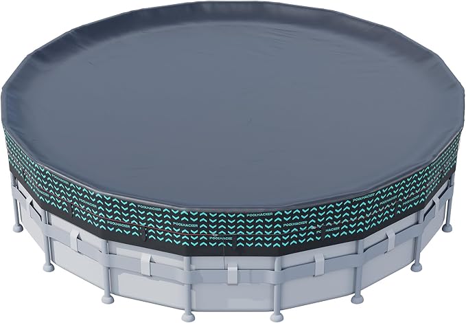 POOLHACKER 550D Pool Cover 14FT Round for Above Ground Pools [2026 Upgraded Heavy-Duty Fabric] Windproof Swimming Pool Cover with Steel Cable & Pulley System, UV Resistant