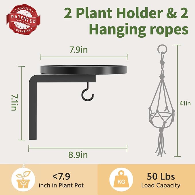 LASZOLA Plant Hangers Shelves Wall Mounted Indoor with 2Pcs Macrame Hanger, Metal Window Plant Holders, 2 Pcs Modern Floating Flower Display Stand with Hooks for Outdoor Kitchen Bathroom Decor, Black