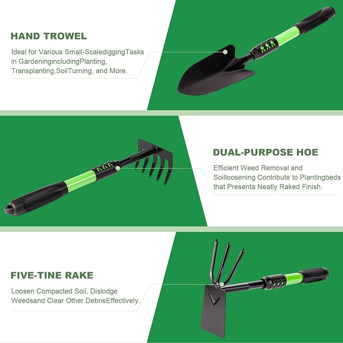 Garden Tool Set, 3 Pack Lightweight Heavy Gardening Kit Including Hand Shovel, Transplant Shovel and Hand Rake with Soft Rubber Non-Slip Handle, for Planting Weeding Digging, Green ﻿