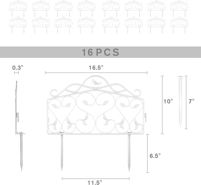 Evelyne Decorative Garden Border Plastic Edging – PP Plastic, Short Metal-Free Faux Wrought Iron Leaf & Bird Design, 16pcs Yard Landscaping Fence Liner Lawn Edge Barrier, 20ft Kit of Decorative Panels
