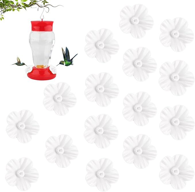 Hummingbird Feeder Replacement Parts - 16 PCS White Flowers, Bee Guards for Perky Pet Glass Plastic Feeder Base