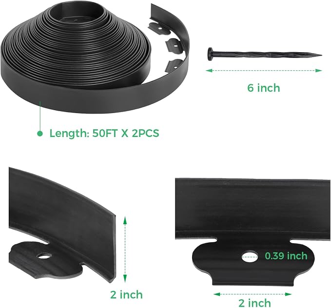 2-Inch x 100 FT Landscape Edging Border with 150 Stakes, Plastic Edging for Landscaping Garden Edging Border, Flexible Landscaping Edging for Garden Flower Beds Yard Lawn Pathway Paver (Black)