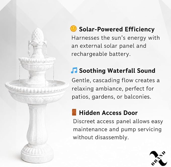 XBrand 39" 2-Tier Outdoor Freestanding Solar Water Fountain - Classic Design, White Resin Bird Bath with Pump - Ideal for Yard, Lawn and Garden, Porch Décor