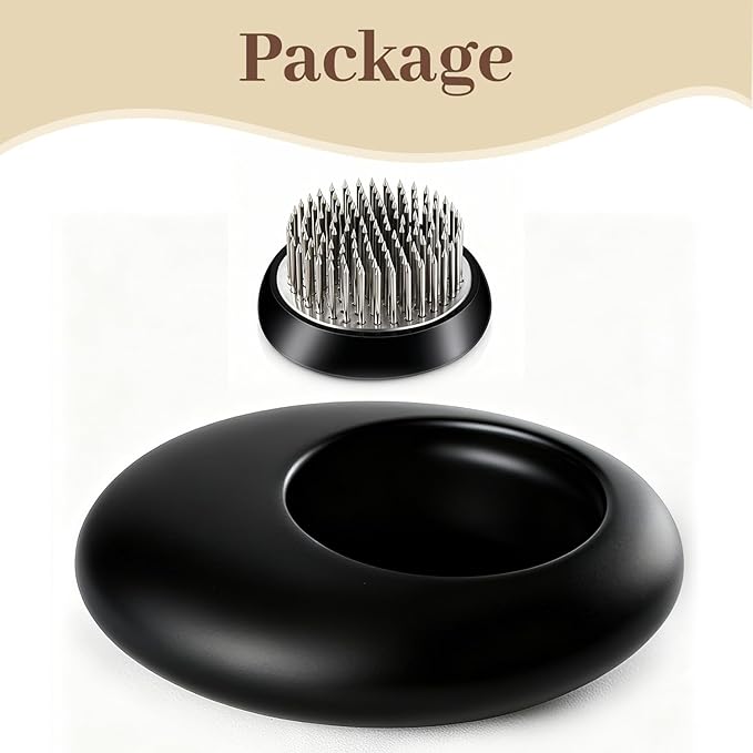 Japanese Inspired Ceramic Vase Ikebana kit, Pebble Shaped Flower Arrangement Bowl with 1.57inch Flower Frog Pin Frog Flower Stems Holder (Small Black)