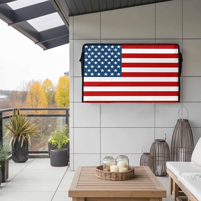American Flag Outdoor TV Cover - 30-32 Inch Weatherproof, USA Flag Waterproof TV Enclosure with Zipper & Roll Up Front Flap