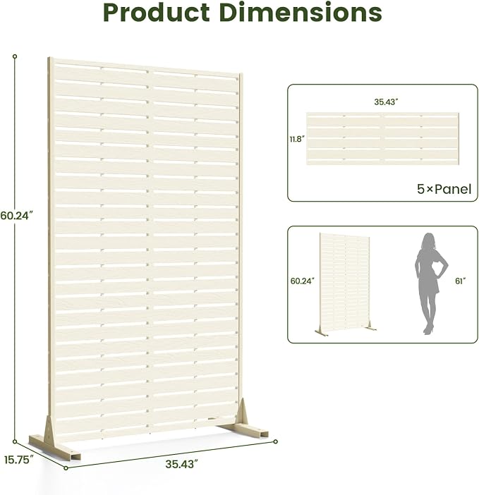Outdoor Privacy Screen 60" H HDPE Decorative Panel Freestanding Privacy Fence with Stand, Privacy Screens with Louvered 5 Panels, Weather-Resistant Panel Fence for Patio,Balcony,Pool,White