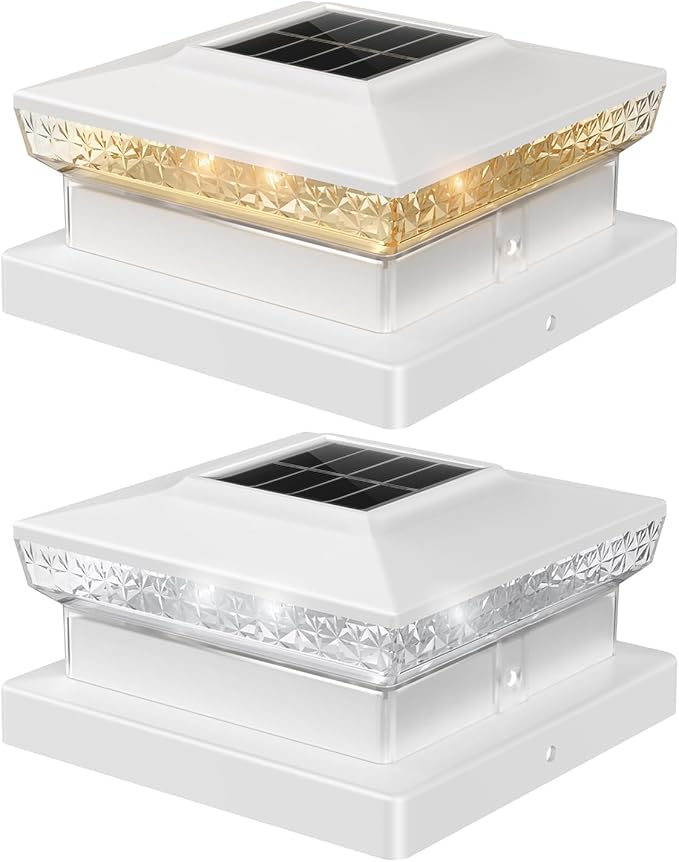 Solar Post Cap Light 4x4/5x5 – 2 Pack, Dual Color, 800mAh, 12H Runtime, Auto Dusk-to-Dawn On/Off, White