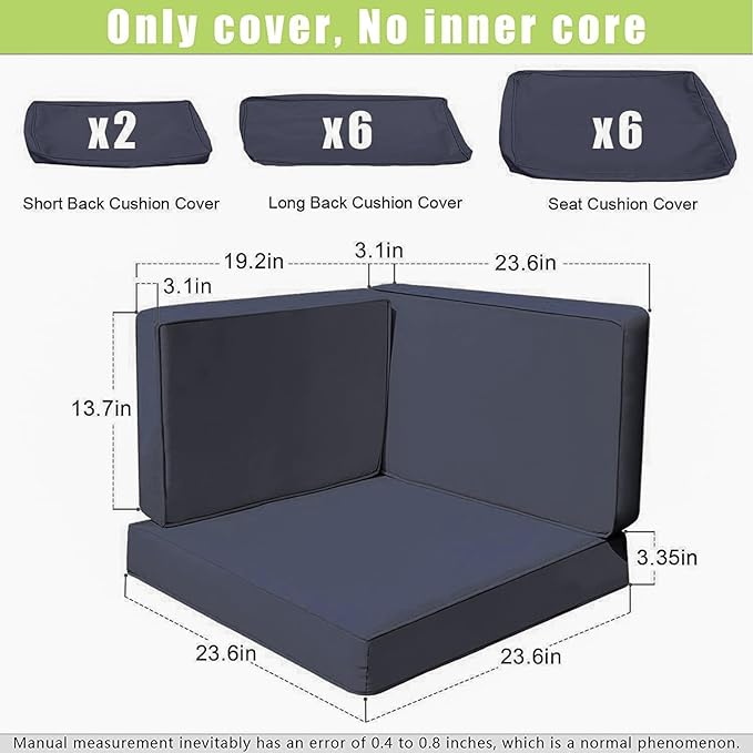 14Pieces Patio Cushion Covers Replacement Outdoor Couch Cushions Covers Splashproof Sofa Slipcovers Set with Zippers,Patio Furniture Protector Cover Only(Black Gray 23.6×23.6×3.35 inches)