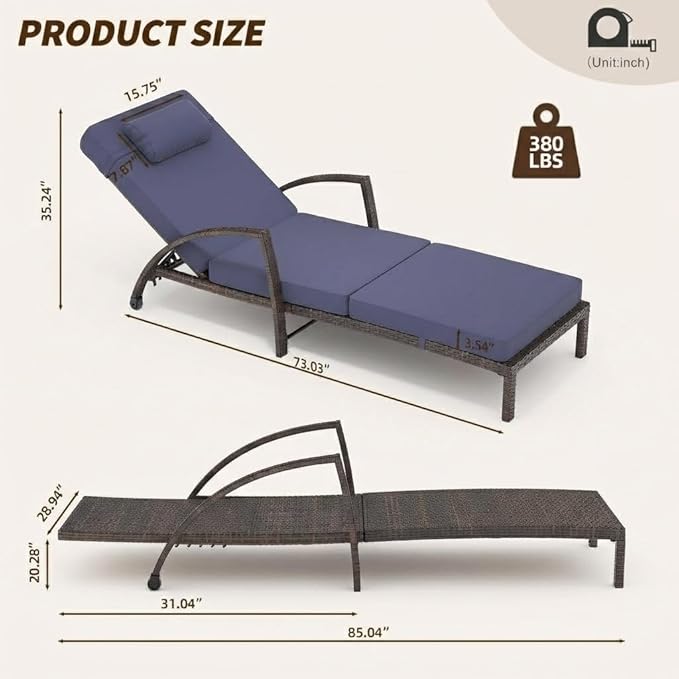 Garvee Outdoor Chaise Lounge Set of 2, 5-Position Adjustable PE Wicker Reclining Chairs with Wheels & 3.5" Cushions, 400 lbs Capacity All-Weather Patio Furniture for Poolside, Garden, Beach(Blue)