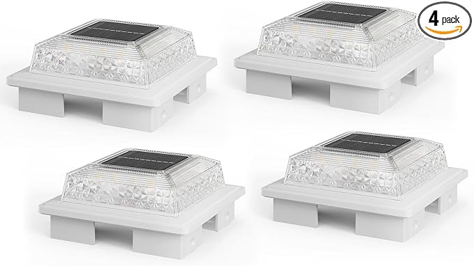 APONUO Solar Post Cap Lights, 3 Color Modes & 2 Brightness, Adjustable Base Fits 4x4 5x5 6x6 Posts (3.5-5.5 Inch), IP65 Waterproof, Deck & Fence Post Lights Solar Powered with Screws, White, 4 Pack
