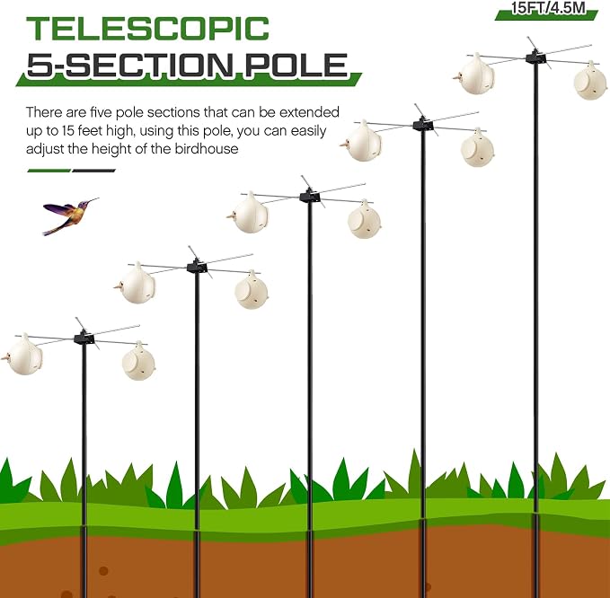 15' Telescoping Martin House & Gourd Pole, Purple Martin Housing Kit Durable Birdhouse Mounting System with Gourd Hangers & Mounting Accessories, Easy Assembly,House Not Included