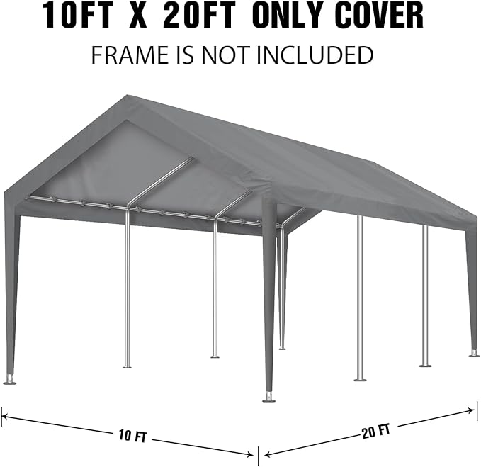 Carport Canopy 10'x20' Replacement Cover, Waterproof & UV Protected Garage Top Tarp Shelter Cover with Ball Bungee Cords, Car Cover Tent (Frame is not Included)