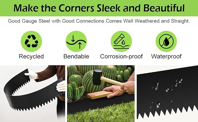 6PCS Galvanized Steel Landscape Edging Kit, 40" L x 12.5" H (20ft Total) Steel Landscape Lawn Edging for Lawn Yard, Coated Bendable Metal Strips, No-Dig Hammer-in Edging Border w/7Clips