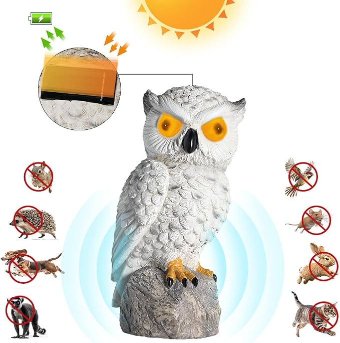 1 KINGO Fake Owl Decoy with LED Eyes & Ultrasonic Deterrent, Scarecrow Owl Decoys to Scare Birds Away, Bird Deterrents for Outside, Solar Powered Bird Repellent Devices Outdoor, Resin Garden Statues