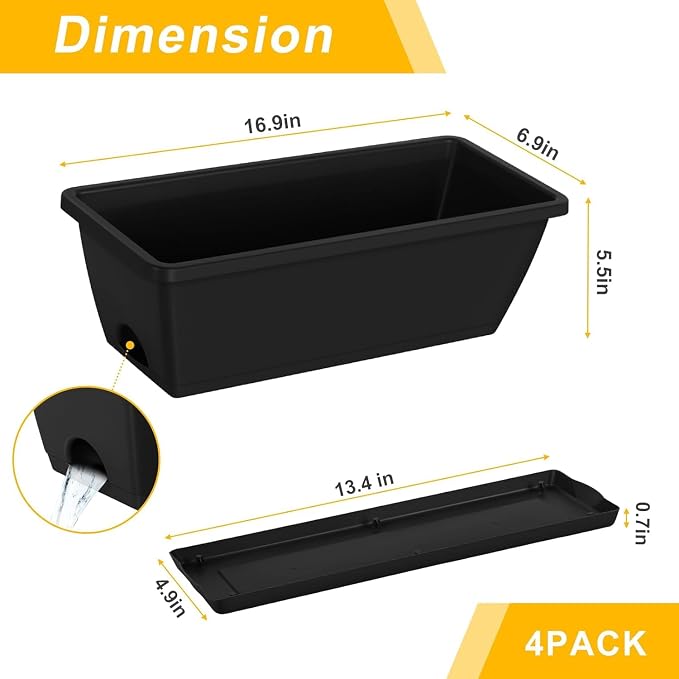 Balcony Planters Railing Hanging, Deck Railings Planter Boxes 16.9in, Railing Planter Box, Deck Planters for Railings, Railing Flower Box with Metal Brackets, Black (4Pcs)