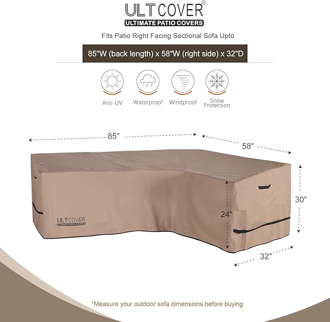 ULTCOVER Patio L-Shaped Right Facing Sofa Cover Waterproof for 4-Seater Outdoor Sectional Furniture Couch 85”W (Back Length) x 58”W (Right Side)