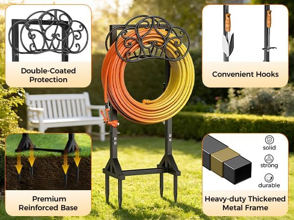 Garden Hose Holder Heavy-Duty Freestanding Water Hose Holder Holds 160Ft Hoses with 2 Tool Hooks, Rustproof Freestanding Hose Stand with 4 Spikes Hose Hanger Storage Rack for Outside, Yard, Lawn