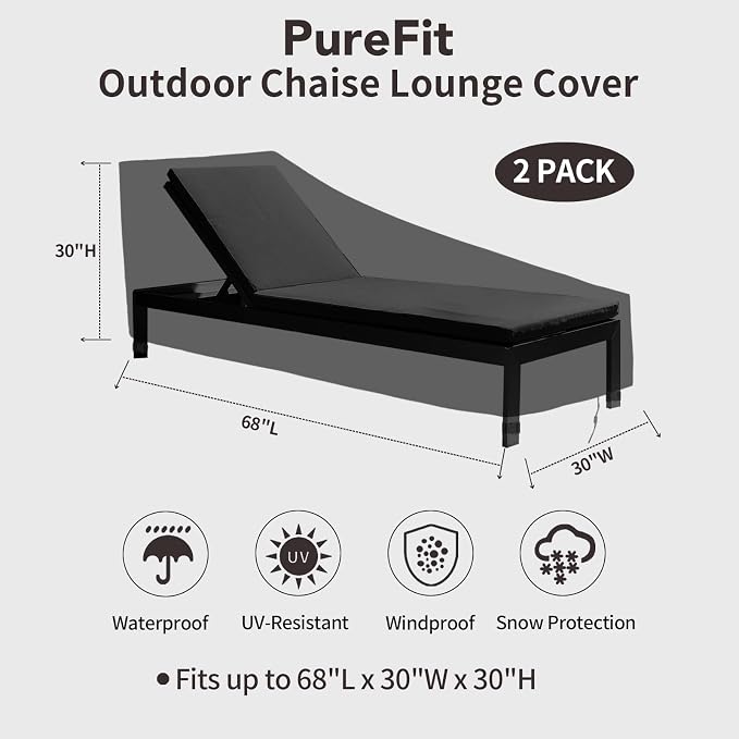 PureFit Outdoor Chaise Lounge Cover, Lounge Chair Covers Waterproof Patio Furniture Lounge Chair Cover, UV Resistant & Weatherproof, 2 Pack, 68" L x 30" W x 30" H Inches, Black
