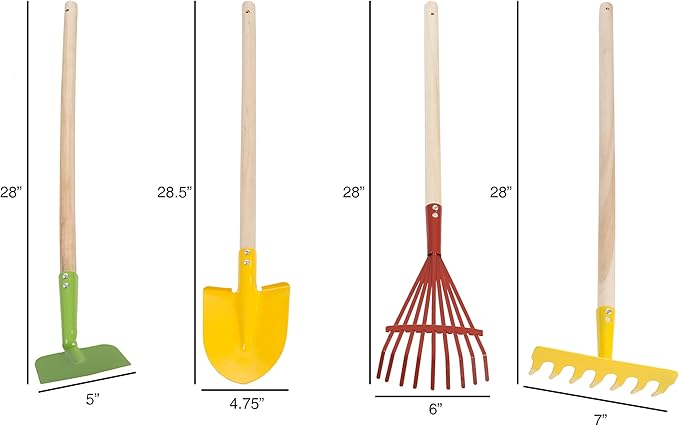 HEY! PLAY! Kids Gardening Set – 4-Piece Mini Garden Tools with Wood Handles – Child-Sized Shovel, Rake, Hoe, and Tined Hoe – Outdoor Toys for Children
