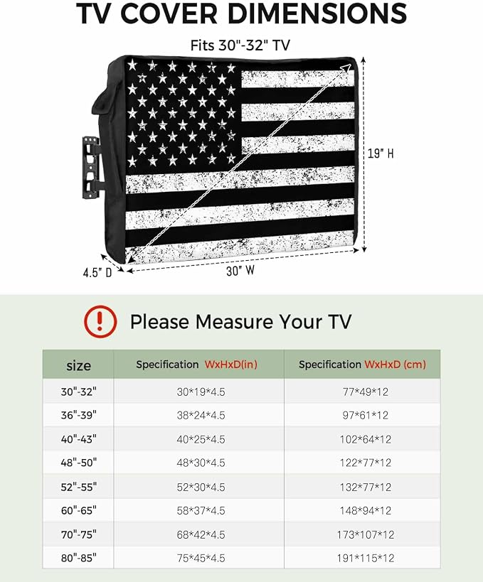 DecorLovee Black Vintage American Flag Outdoor TV Cover 48 to 50 Inches Weatherproof & Waterproof, USA Flag Outdoor TV Enclosure with Remote Control Pocket, Retro TV Screen Protectors for Outside TV