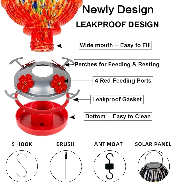 Solar Hummingbird Feeder with Perch 48 OZ Hand Blown Glass Hummingbird Feeder for Outdoors Hanging Include Accessories (Red)