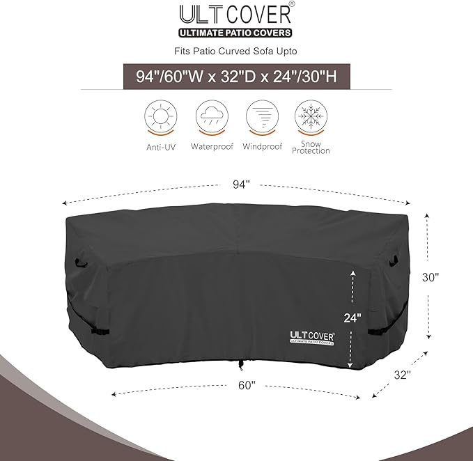 ULTCOVER Patio Curved Sofa Cover Waterproof for 2-3 Seater Outdoor Sectional Furniture Couch 94"(Back Arc Length) / 60"(Front Arc Length) x 32"(Deep), Black