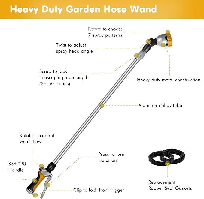 RESTMO 36”-60” Metal Watering Wand, Long Telescopic Tube | 180° Adjustable Ratcheting Head | 7 Spray Patterns | Flow Control, Perfect Garden Hose Sprayer to Water Hanging Baskets, Shrubs, Yellow