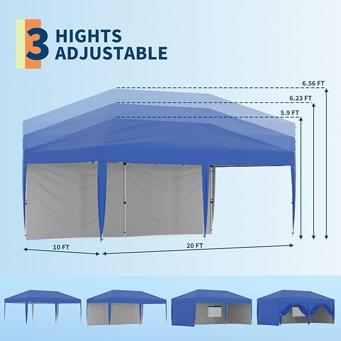 10'X20' Commercial Gazebo Pop-Up Canopy Tent, 5-Minute Setup No Tools Needed, 2 Sidewalls, 8 Stakes & 6 Sandbags, 210D Oxford UV Protection with Roller Bag for Farmers' Market, Wedding, Parties