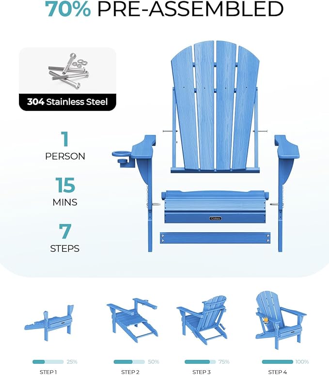 Ciokea Folding Adirondack Chairs Set of 2, Patio Adirondack Chair Weather Resistant, Plastic Fire Pit Chair with Cup Holder, Lawn Chair for Outdoor Porch Garden Backyard Deck, Baby Blue