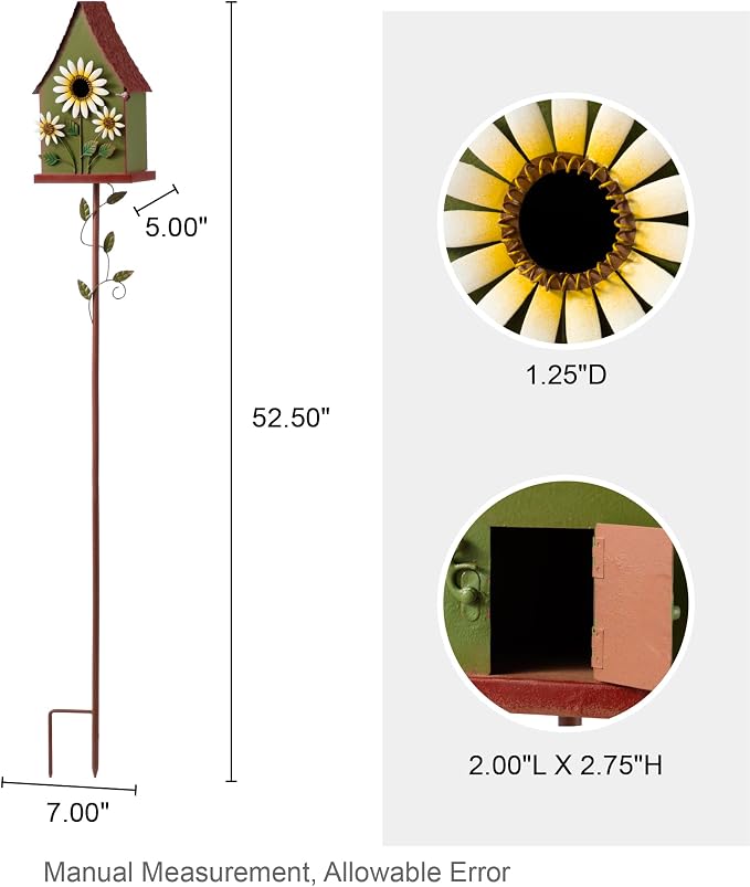 Glitzhome Birdhouses for Outdoors, Bird Houses Stake for Outside, 52.5" H Metal Bird House Decorative Daisy Birdhouse with Stake for Garden Patio Backyard (Green)