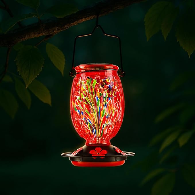 Solar Hummingbird Feeder for Outdoors Hanging Patio Designed 32 Ounces Colorful Hand Blown Glass Hummingbird Feeder 5 Feeding Ports with Perch Never Leak (Red)