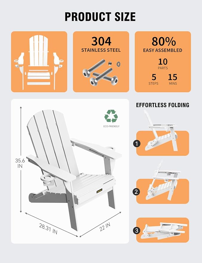 Folding Adirondack Chair Set of 2, Wooden Textured Plastic Adirondack Chairs with 2 Cup Holder, Weather Resistant HDPE Fire Pit Chair, Outdoor Patio Chairs for Garden, Backyard, Lawn, Deck, White