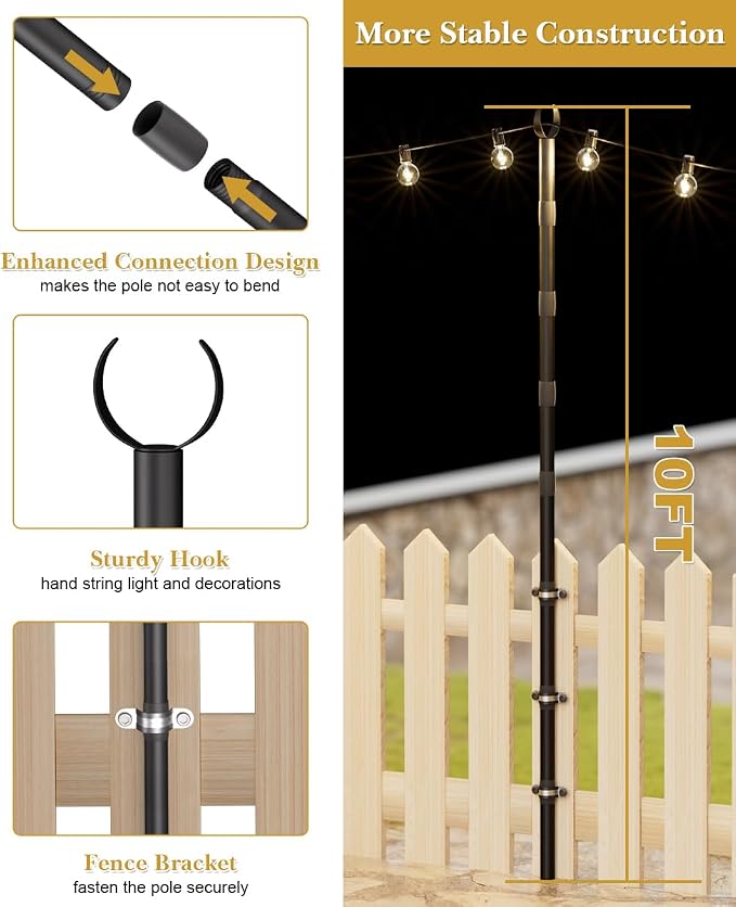 10Ft String Light Poles for Fence & Deck Railing, Outdoor Light Stand with Fence Brackets, Heavy-Duty Metal Poles for Backyard, Garden & Patio Party Lighting, Rustproof & Adjustable