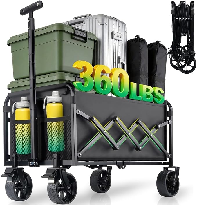 Collapsible Wagon Cart with Wheels Foldable - 360lbs Heavy Duty Folding Cart Utility Lightweight Portable Wagons with 360°Swivel Brakes Wheels for Groceries Shopping Beach Camping Garden