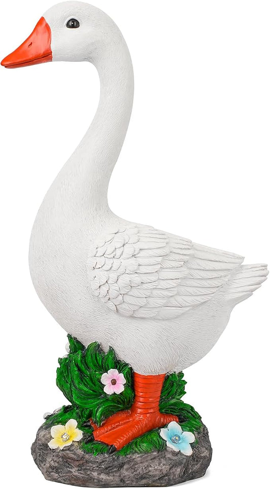 Large Porch Goose Statue with Solar Garden Light,20 Inch Realistic Hand-Painted Goose Sculpture, All-Weather Resin Outdoor Decor for Garden, Yard, Patio, Fits Standard Goose Porch Duck Outfits,White