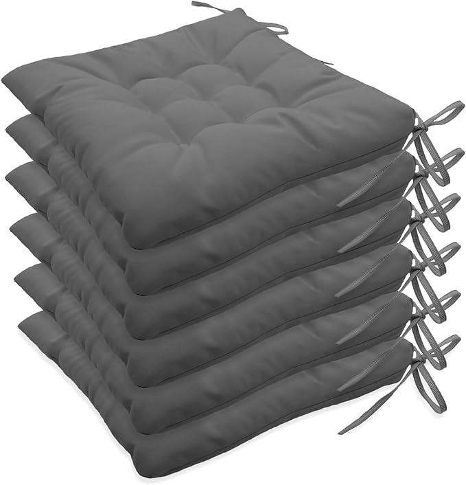 Outdoor Indoor Tufted Chair Cushions, Seat Cushions with Ties, Chair Pads Waterproof for Porch Kitchen Office Garden Dark Gray 16" x 16", Set of 6