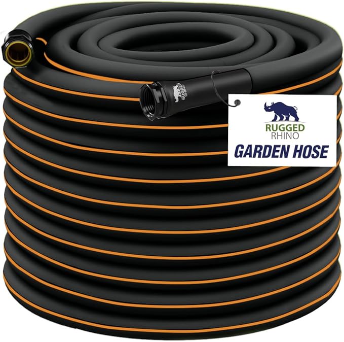 RUGGED RHINO Heavy Duty Garden Hose 75ft x 5/8in, Anti-Kink and Leakproof, Durable 4-Layer Construction, 500 PSI Burst, All Weather Outdoor Watering for Lawn, Garden, Flowers, Black and Orange