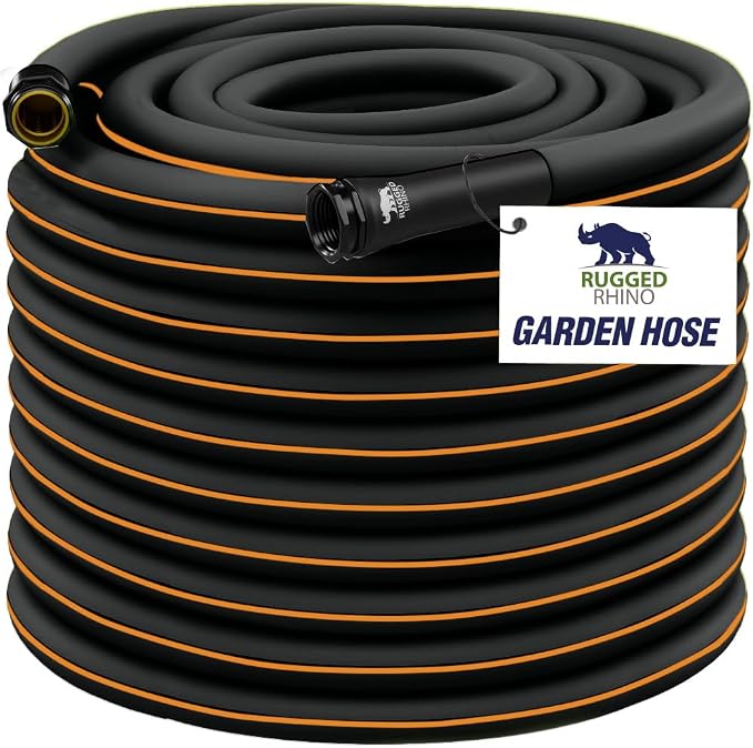RUGGED RHINO Heavy Duty Garden Hose 100ft x 5/8in, Anti-Kink and Leakproof, Durable 4-Layer Construction, 500 PSI Burst, All Weather Outdoor Watering for Lawn, Garden, Flowers, Black and Orange