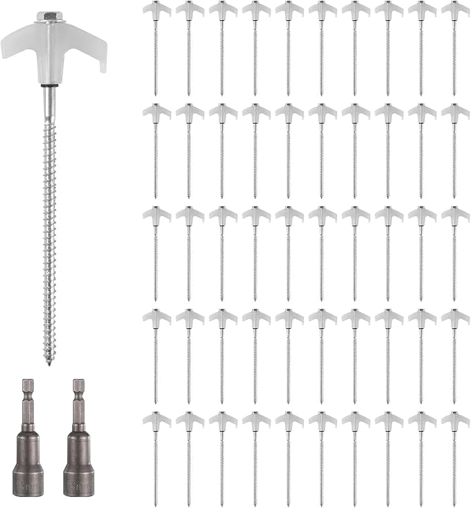 50 Pack 8 Inch Screw in Tent Stakes Heavy Duty Tent Stakes Screw in Ground Camping Stake with Hex Head Driver Metal Pegs Spikes for Camping Garden Yard (White)
