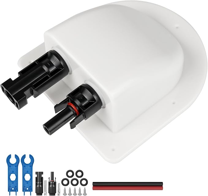 Solar Cable Entry Gland with 10Awg Solar Cable and Solar Connector UV Resistance Dual Cable Entry Housing for Solar RV Boats Yacht Roofs (White 0.3FT)