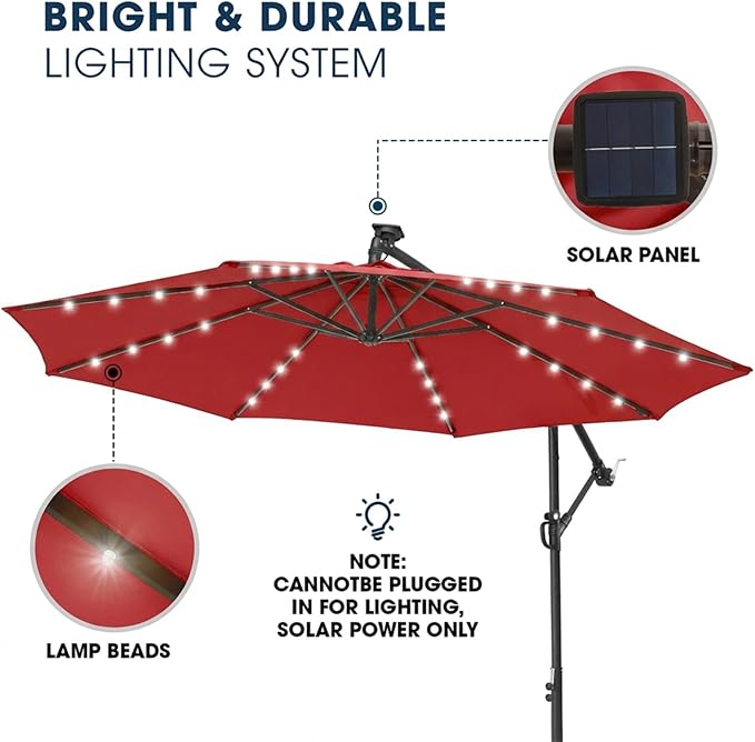 wikiwiki 10ft Solar LED Offset Patio Umbrella, Outdoor Cantilever Patio Umbrellas with Solor Lights for Backyard, Poolside and Garden, Easy Tilt Adjustment, 32 LED Lights & Polyester Shade, Red