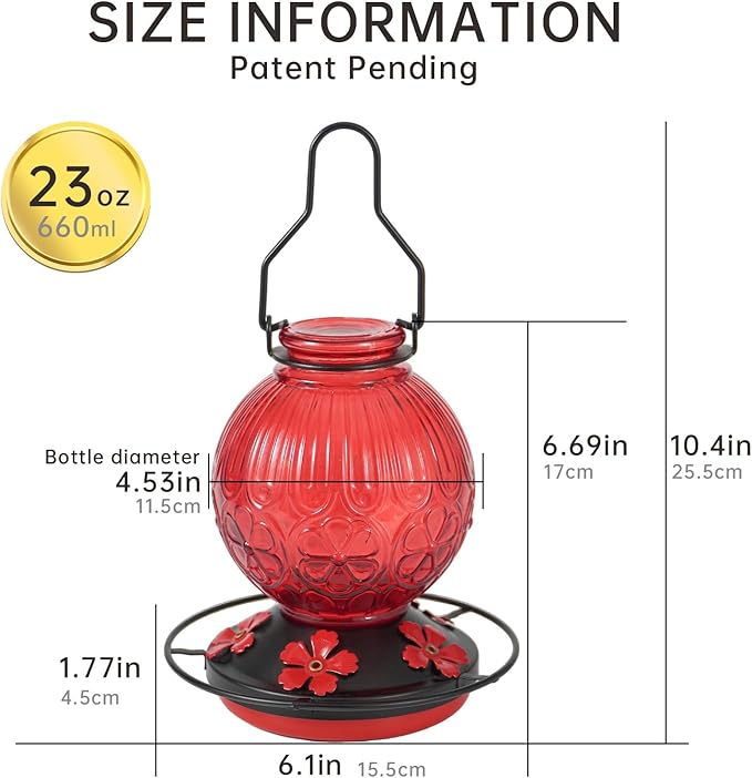 Glass Hummingbird Feeders for Outdoors Hanging, 23Oz Humming Bird Nectar Feeders with Perch, 5 Flower Feeding Ports, Leak Proof Base and Hook for Garden Decor, Gifts for Mom Women (Red)