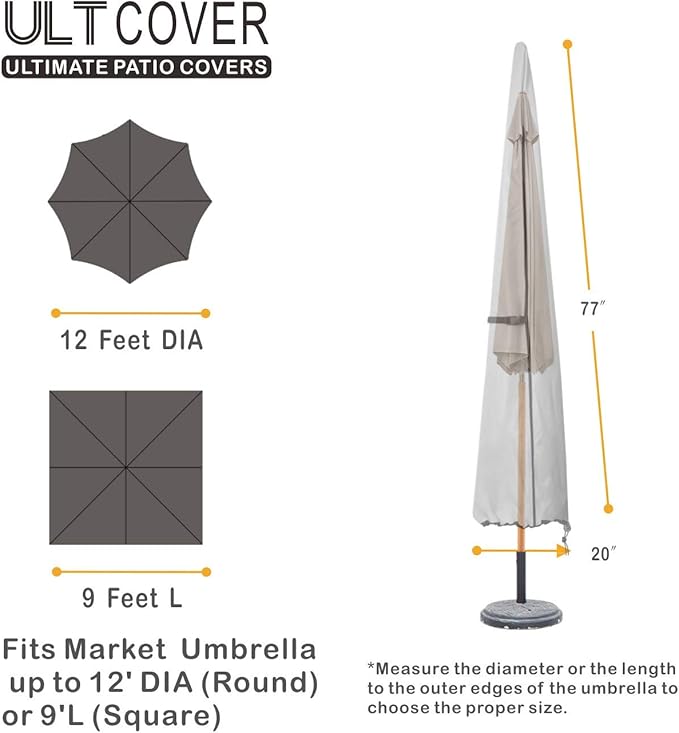 ULTCOVER Patio Parasol 600D Waterproof Outdoor Market Umbrella Cover - Fits Market Umbrella Up to 12 Feet, Black