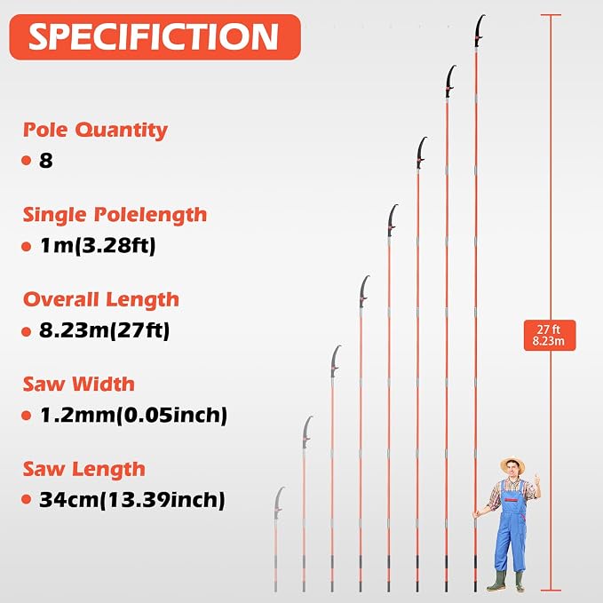 Grefinity Manual Pole Saw, 27 Ft Tree Trimmer, Extendable Pole Saws for Tree Trimming, Sharp Steel Blade, for Backyard and Garden Pruning Palms and Shrubs, Orange