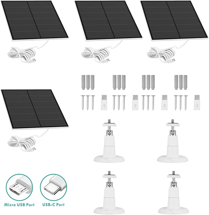 4 Pack Solar Panel Camera Charger Fit for Arlo Essential Spotlight/XL Spotlight/Essential 2k 2nd 3rd gen 2 3 Camera,Arlo PRO 6,Ring Spotlight Cam Plus/Spotlight Pro 5V 7W Solar Panel Charging Cable
