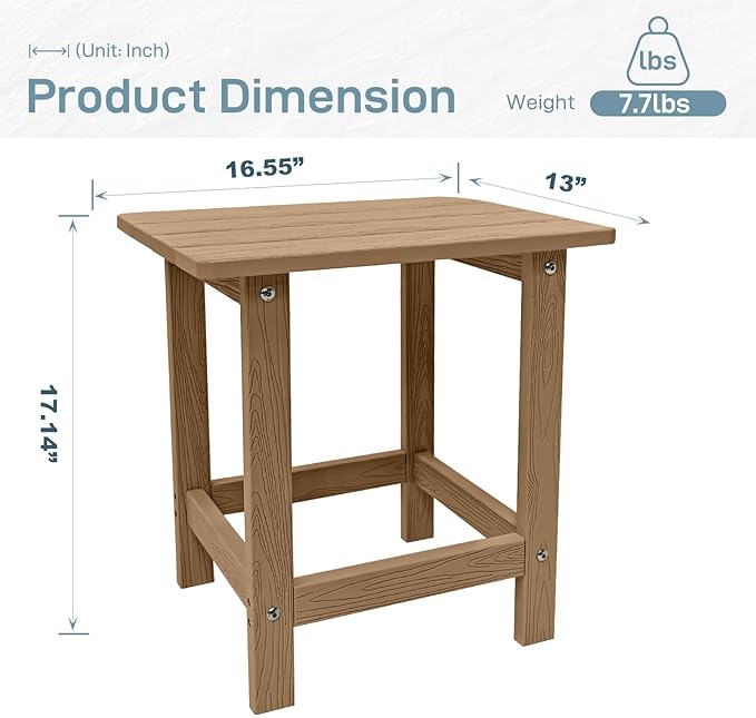 Meluvici Outdoor Side Table, HDPS Single Adirondack Side Table Weather Resistant, Table for Adirondack Chair, Outside End Table for Patio, Pool, Deck, Porch, Outdoor or Indoor Use,Teak