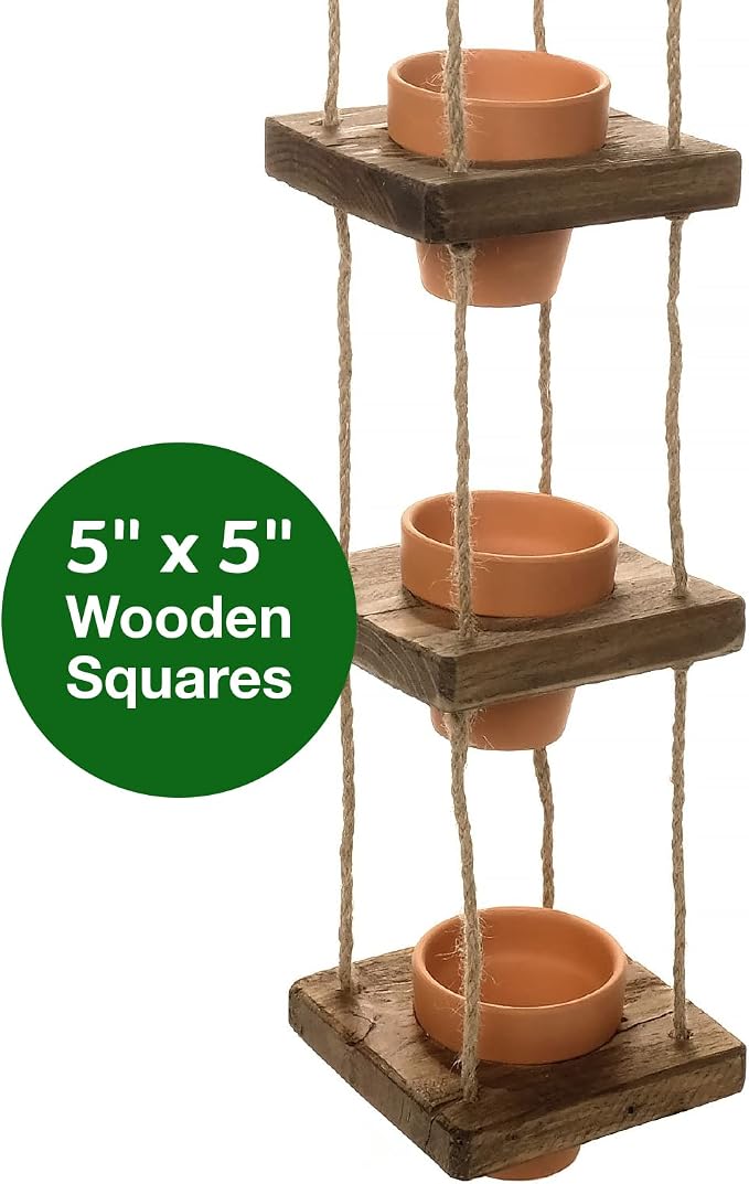 EXCELLO GLOBAL PRODUCTS Rustic 4-Tier Wooden Hanging Planter with Distressed Finish - Farmhouse Style. Comes with 4 Terracotta Pots, Ready for Hanging.